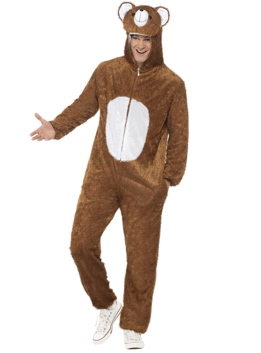 Mens Fuzzy Brown Bear Onesie Dress Up Costume - Main Image