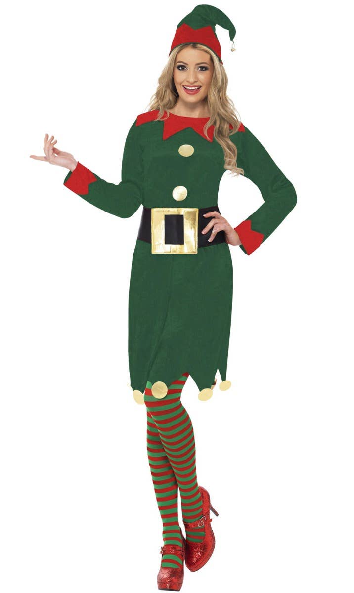 Women's Santas Helper Festive Christmas Red And Green Elf Costume Main Image