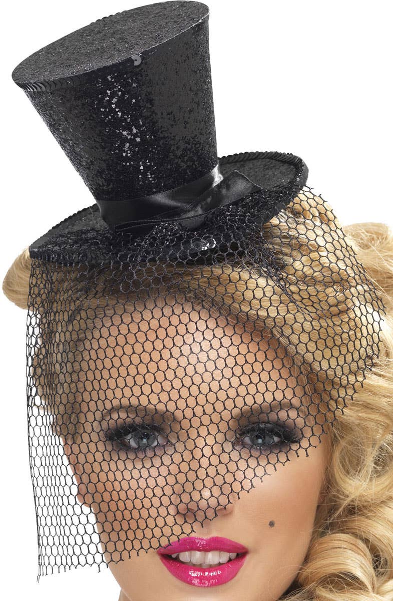 Women's Black Glitter Burlesque Mini Top Hat Costume Accessory Main Image