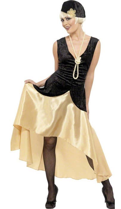 1920s Fashion for Women Black and Gold Flapper Costume with Necklace and Heaband - Front View