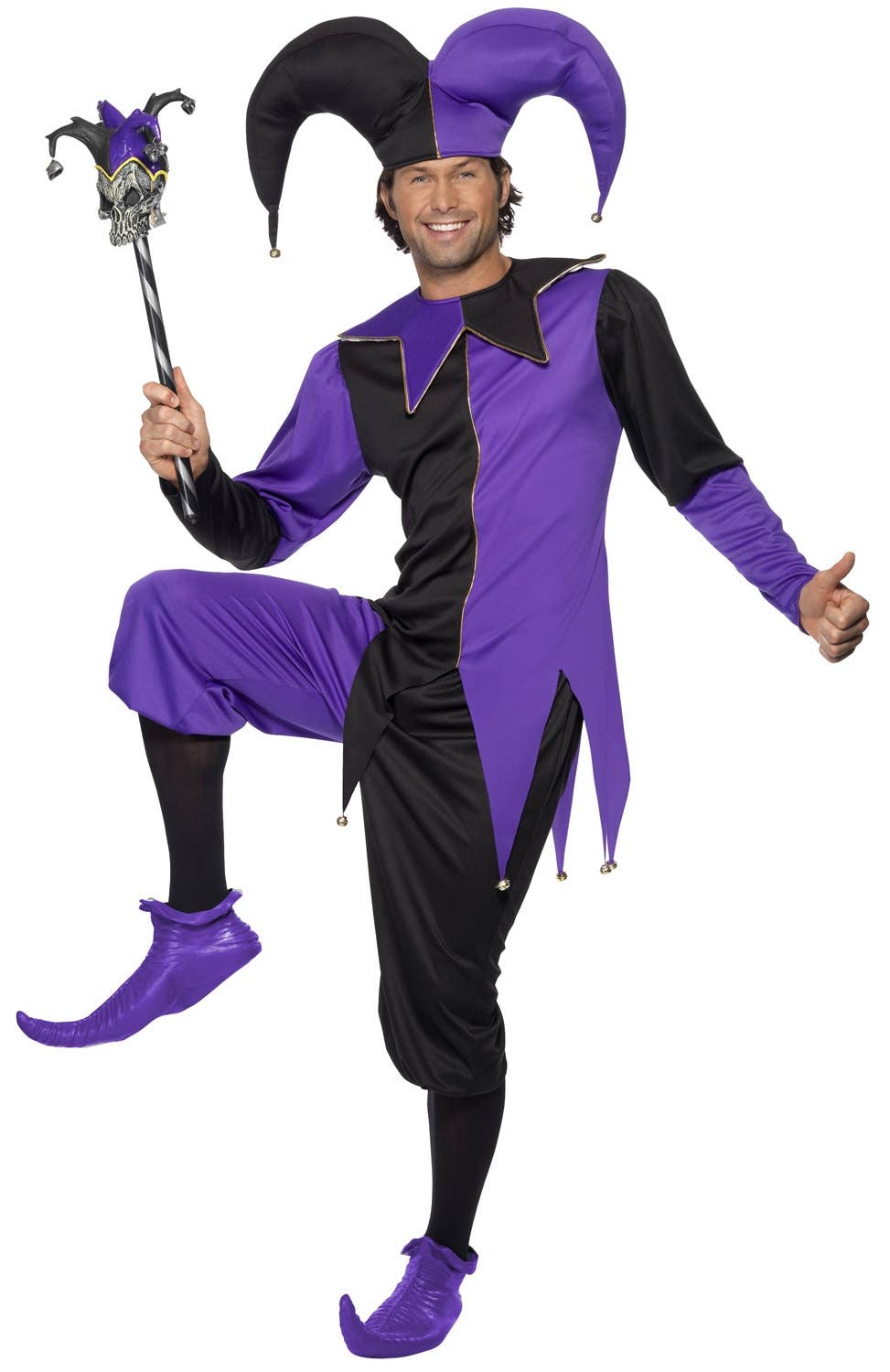Medieval Jester Men's Fancy Dress Purple and Black Costume Image 1