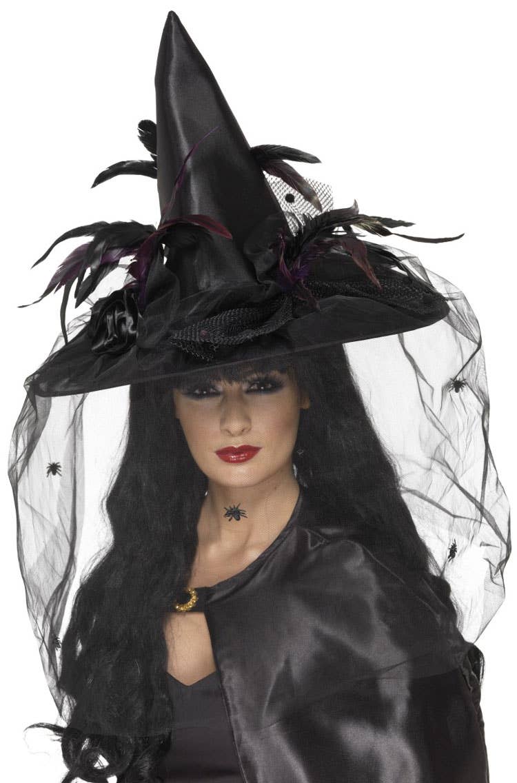 Black Satin Witch Costume Hat with Feathers and Veil