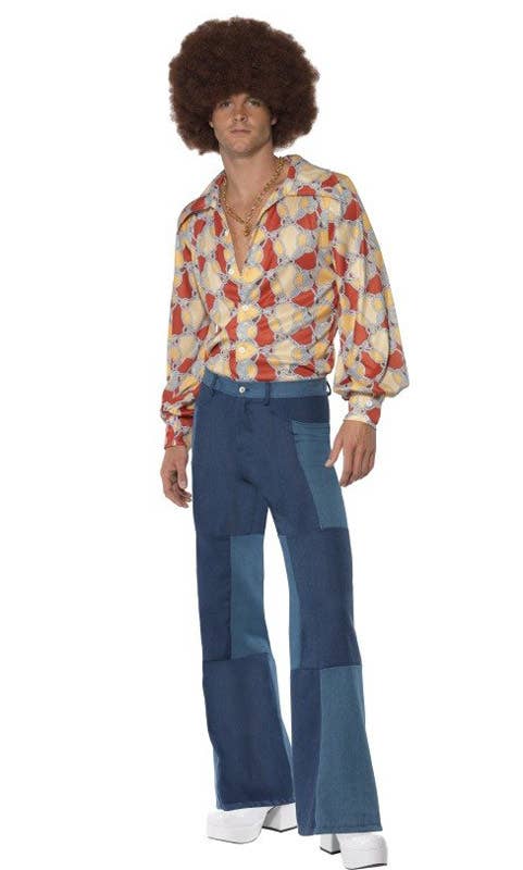 Disco Men's Patchwork Faux Denim 70's Flared Costume Pants - Front View