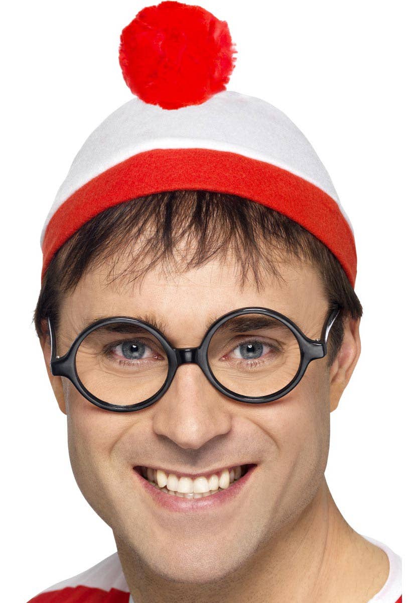 Red and White Striped Where's Wally Beanie and Glasses Costume Accessory Set
