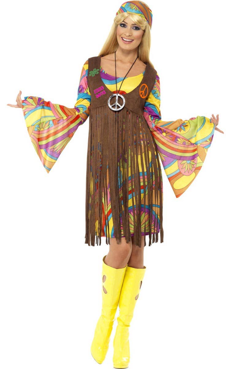 Retro Women's Flower Child Hippie Fancy Dress 60s Costume - Main View