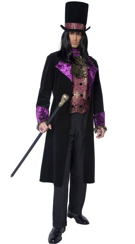 Black and Purple Velvet Gothic Vampire Men's Halloween Costume - Front Image