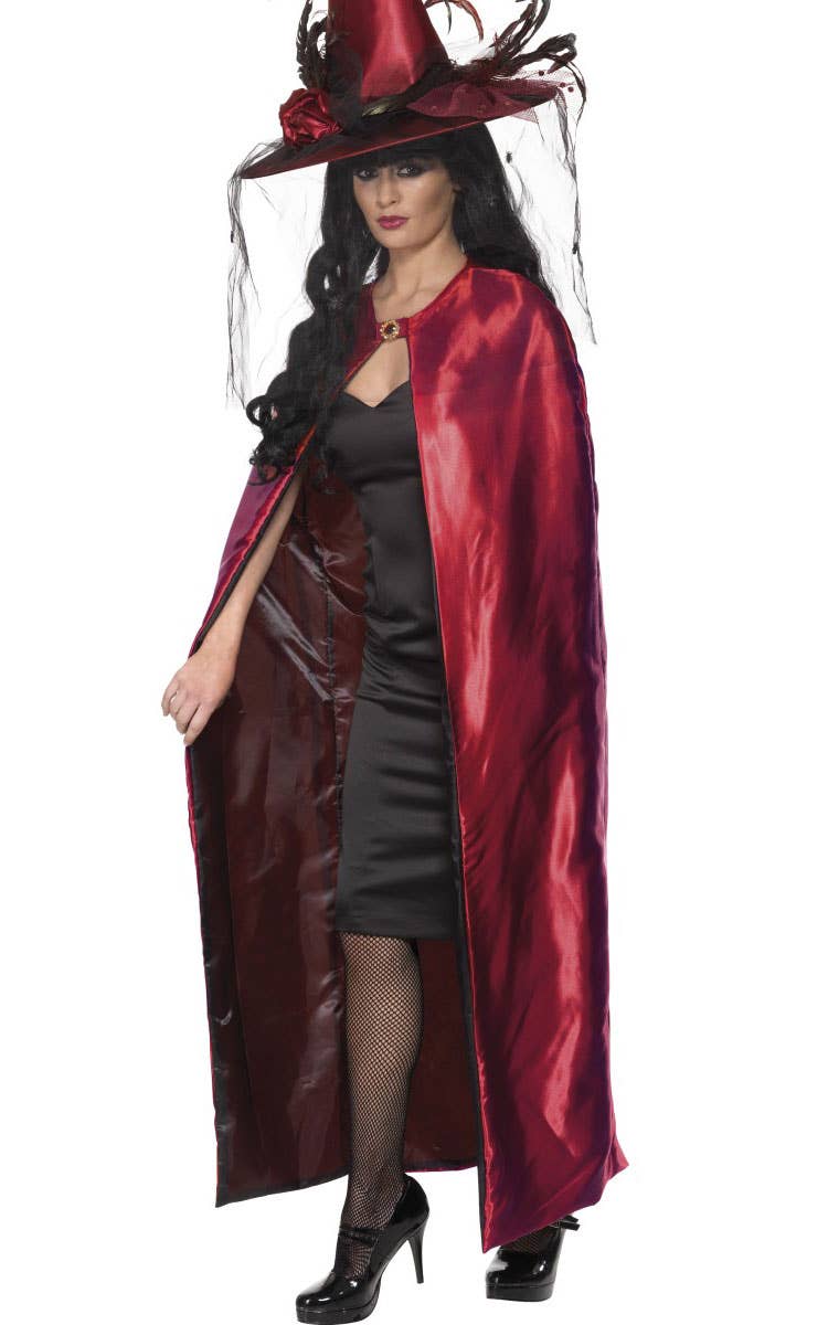 Long Reversible Black and Red Satin Witch Costume Cape - Main Image