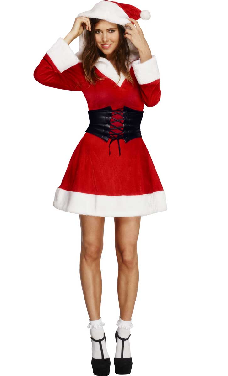 Sexy Hooded Santa Costume with Black Belt - Front View