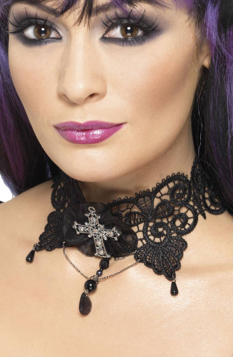 Black Lace Gothic Choker Costume Necklace with Cross