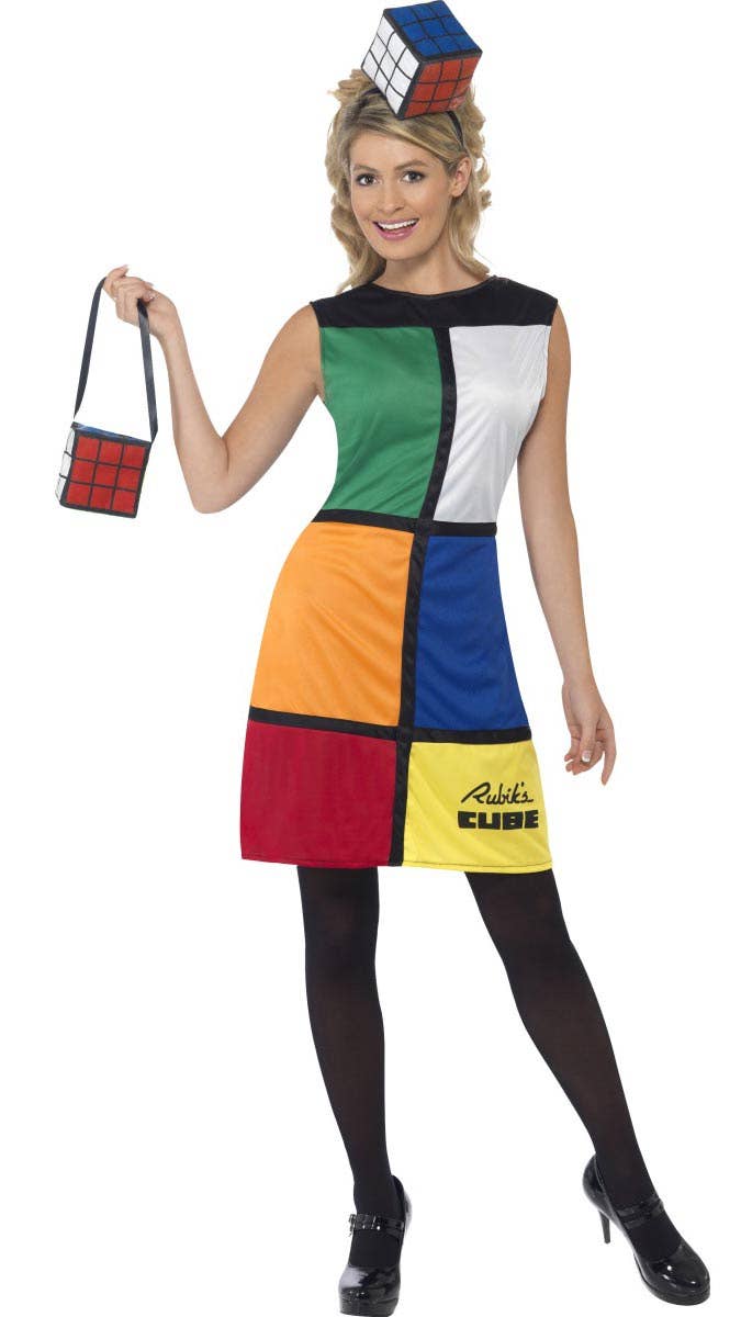 Funny 80's Women's Rubik's Cube 1980's Costume Dress  - Front View