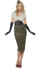 Womens 1940s Long Green Army Costume Military Uniform - Front View