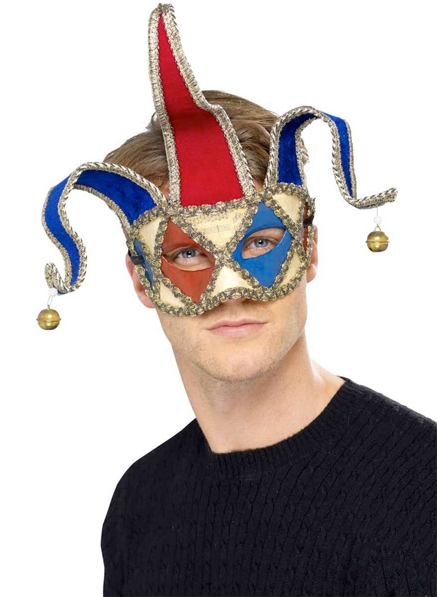 Red and Blue Men's Jester Masquerade Mask Front View