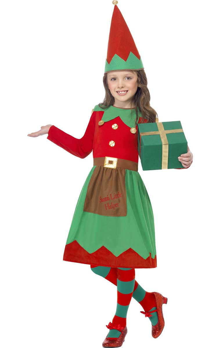 Green and Red Santa's Little Helper Christmas Elf Costume for Girls - Front Image