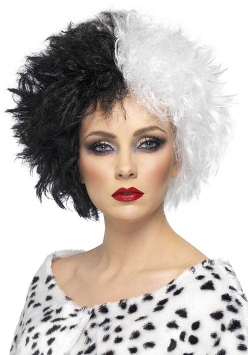 Short Curly Two Toned Black and White Women's Cruella Costume Wig