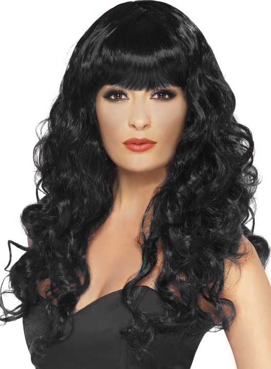 Long Curly Black Women's Costume Wig with Fringe