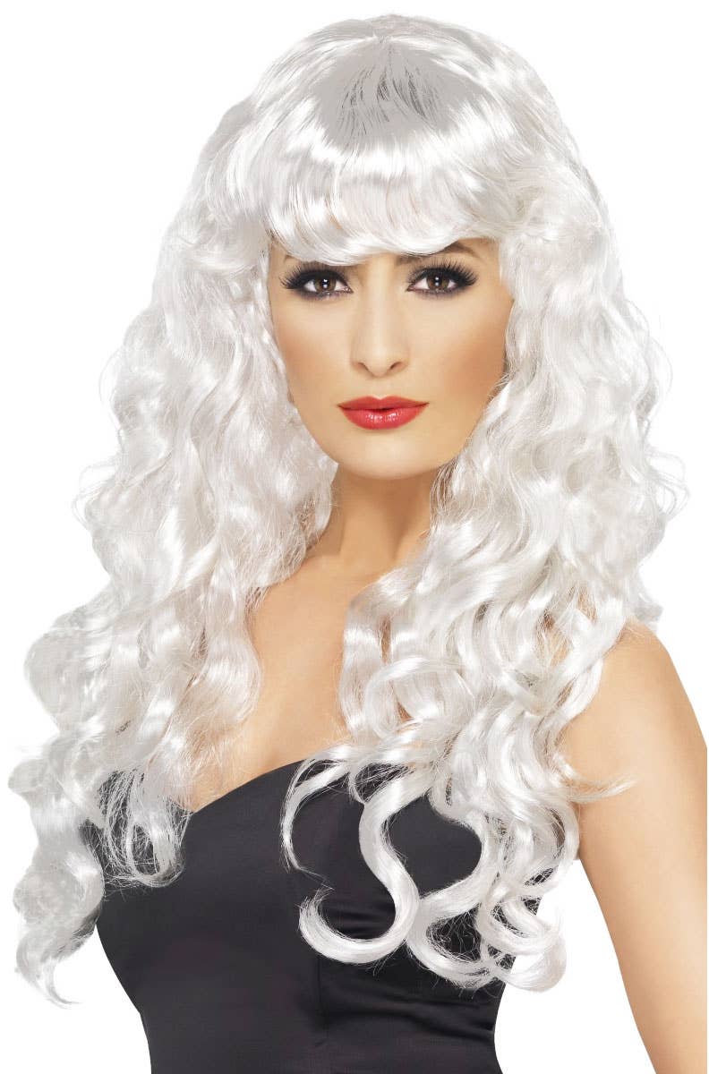 Women's Curly Long White Wig with Fringe