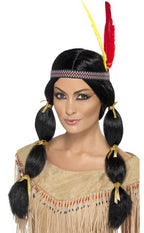 American Indian Women's Long Black Braided Pigtails Costume Wig with Headband and Feather