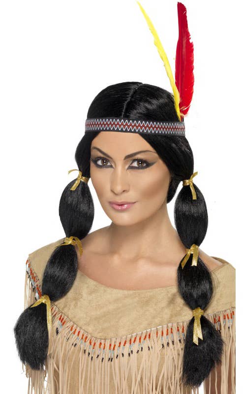 American Indian Women's Long Black Braided Pigtails Costume Wig with Headband and Feather