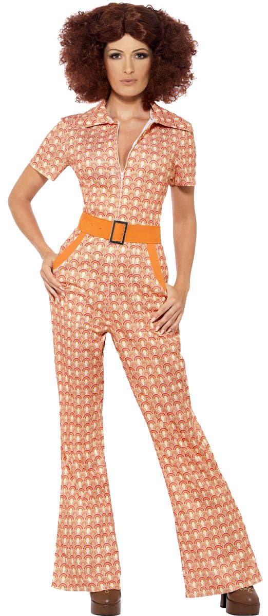 70's Chic Women's Retro Orange Jumpsuit Fancy Dress Costume Front View 