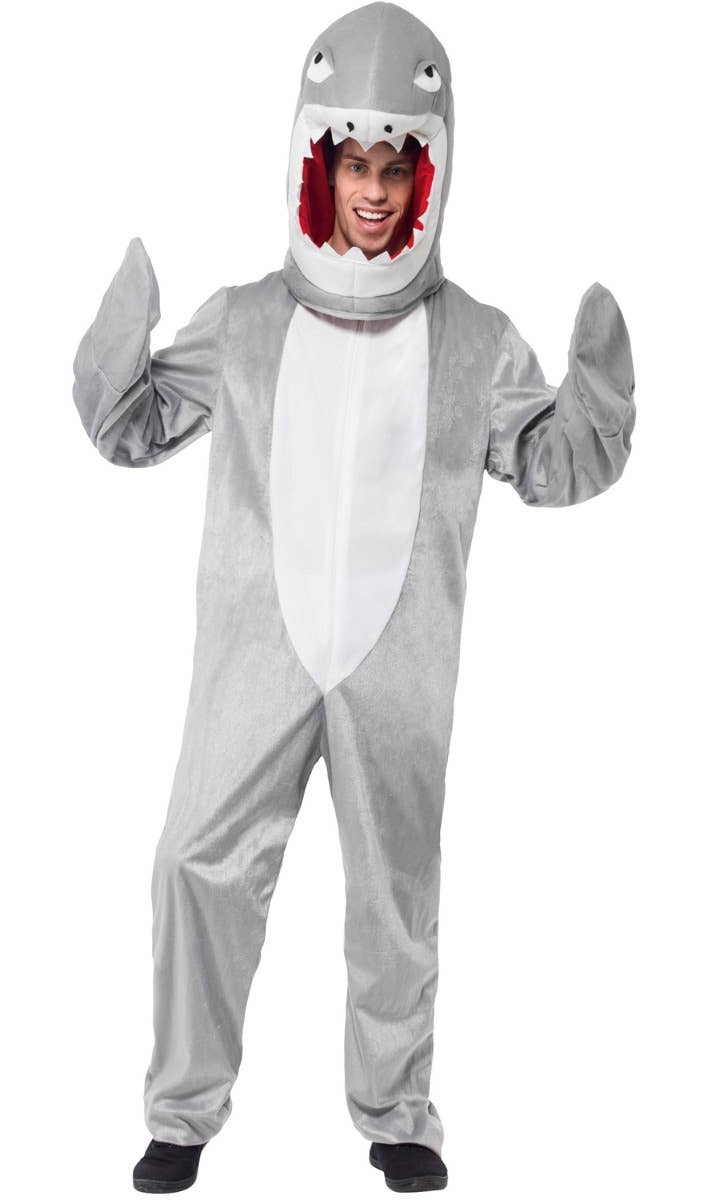 Men's Grey Hooded Shark Onesie Jumpsuit Fancy Dress Costume Main Image