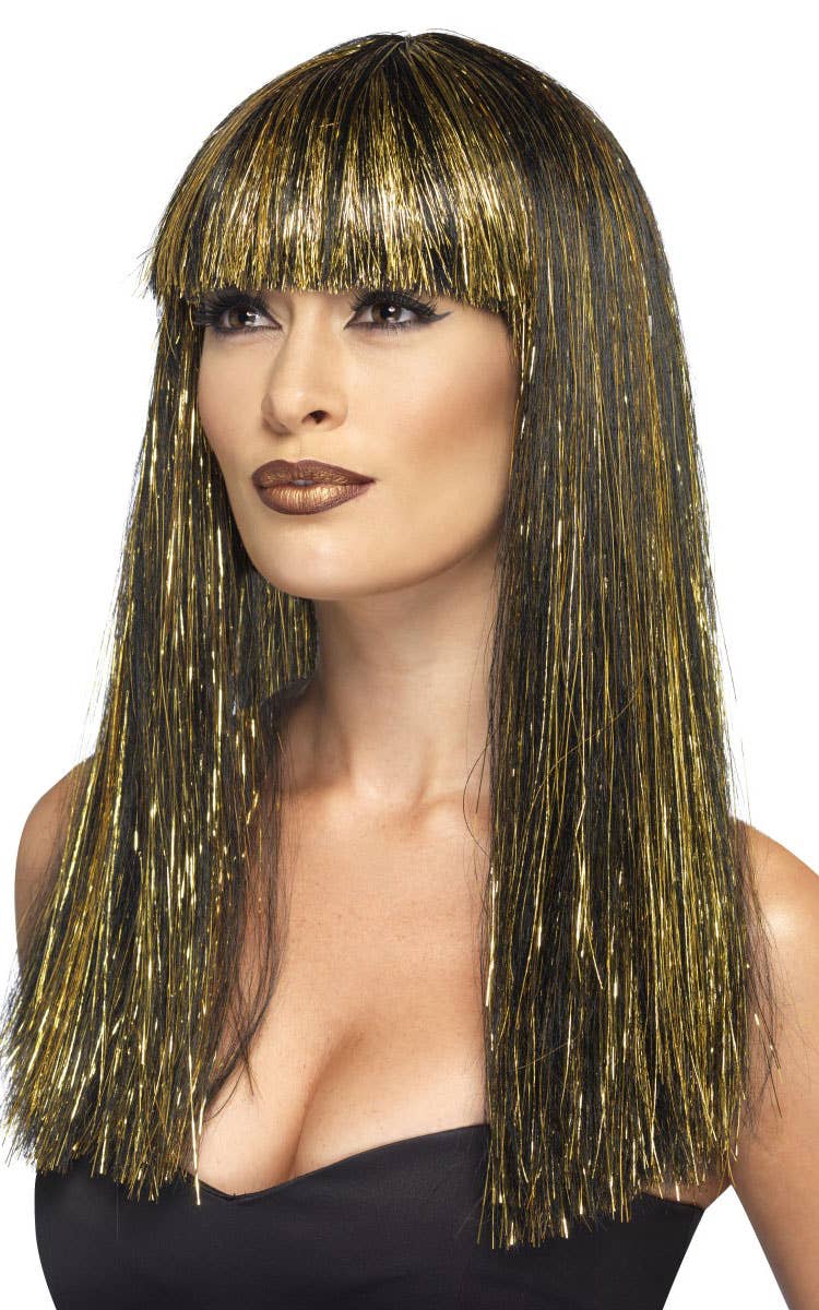 Long Black Women's Costume Wig with Gold Tinsel Highlights