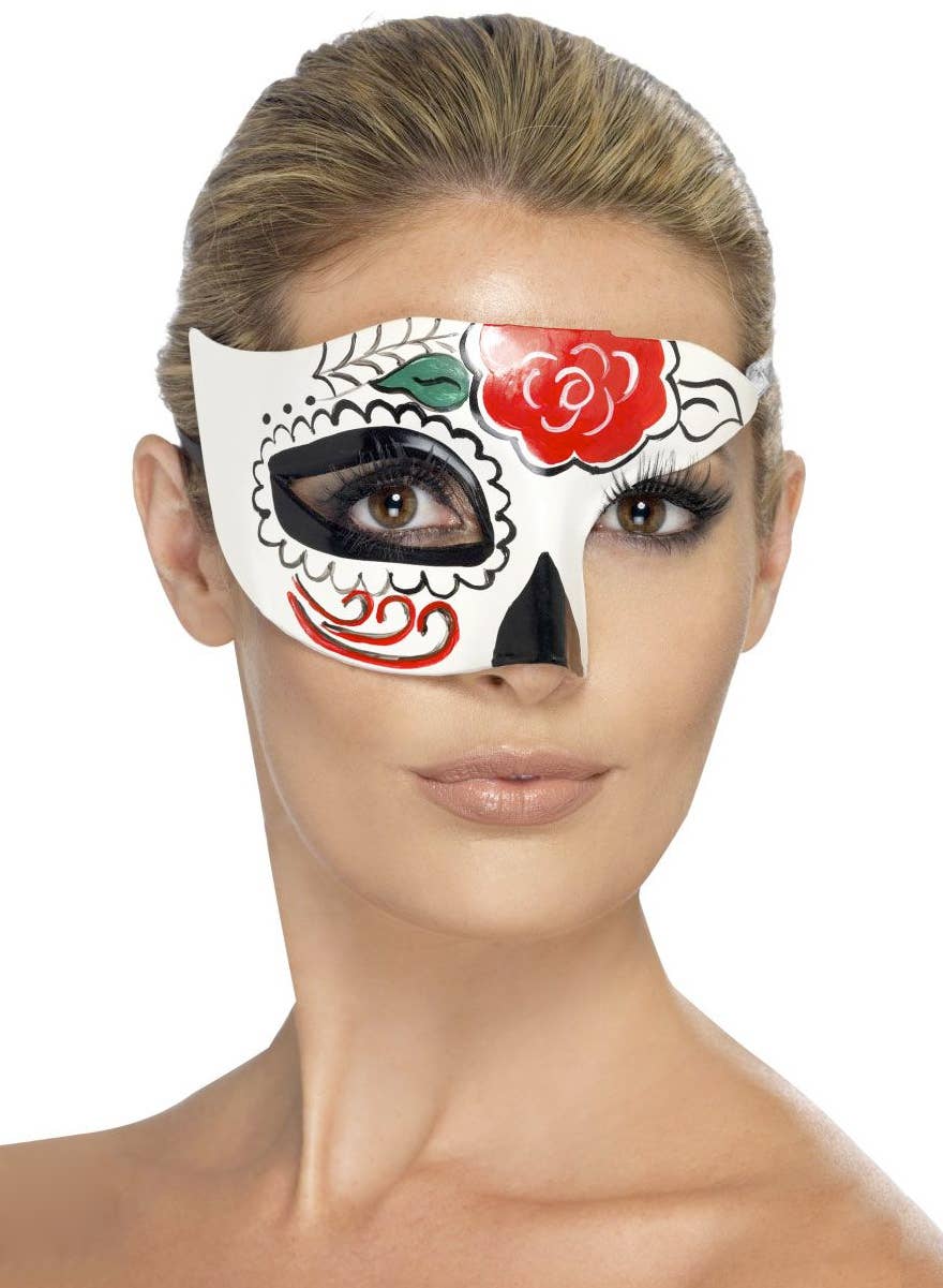 White Sugar Skull Over Eye Masquerade Mask