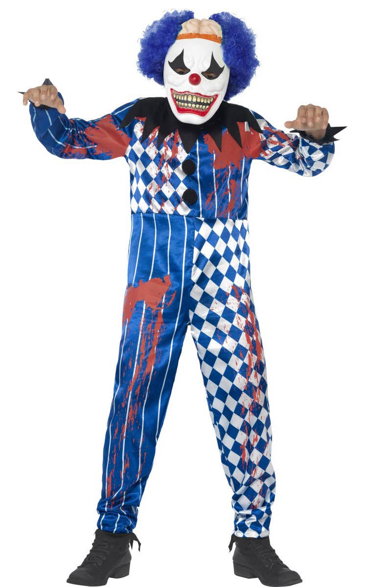 Boy's Blue Creepy Clown Costume Front View