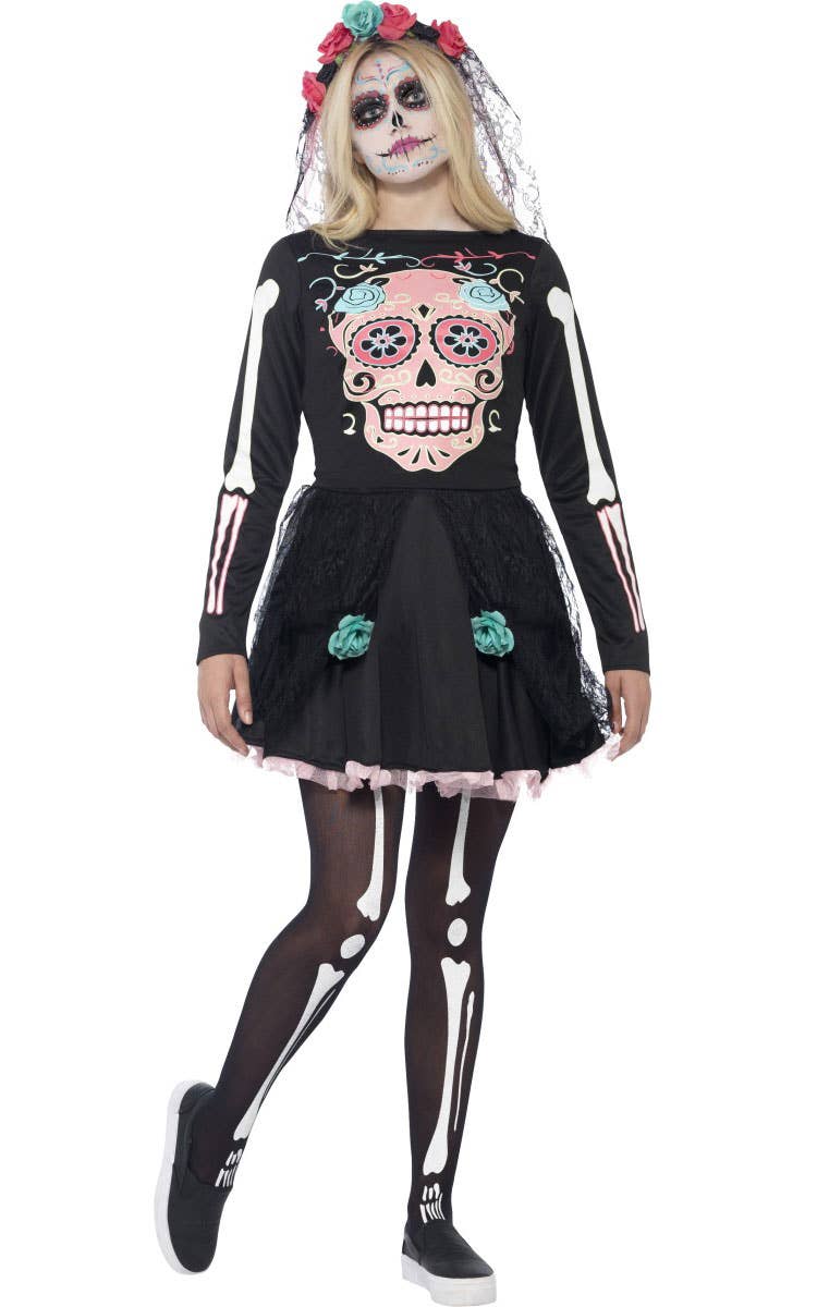 Teen Girl's Day of the Dead Sugar Skull Mexican Costume Front