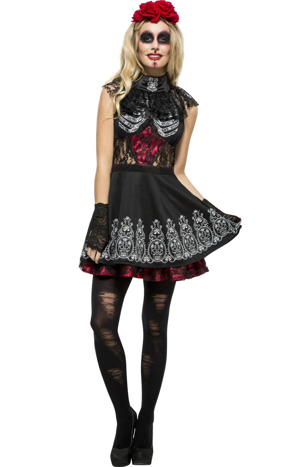 Sexy Black Lace Day of the Dead Women's Costume Front View