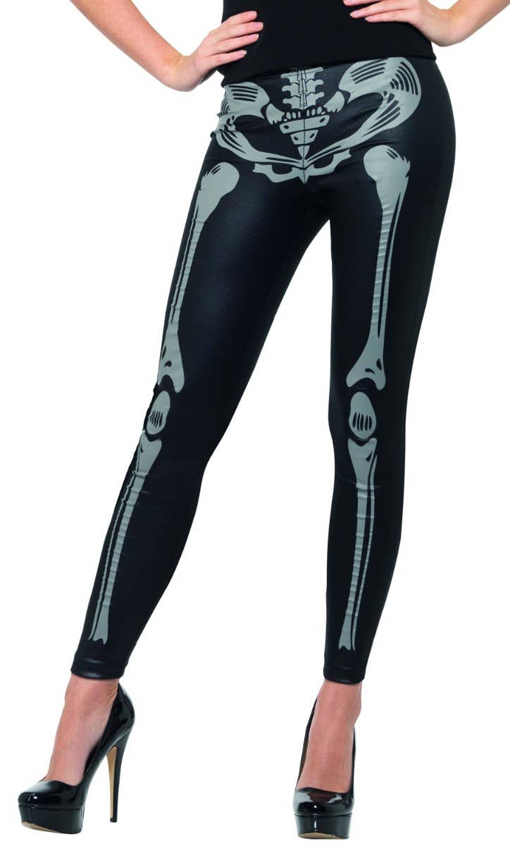 Women's Black Wet Look Skeleton Print Halloween Costume Leggings Main Image