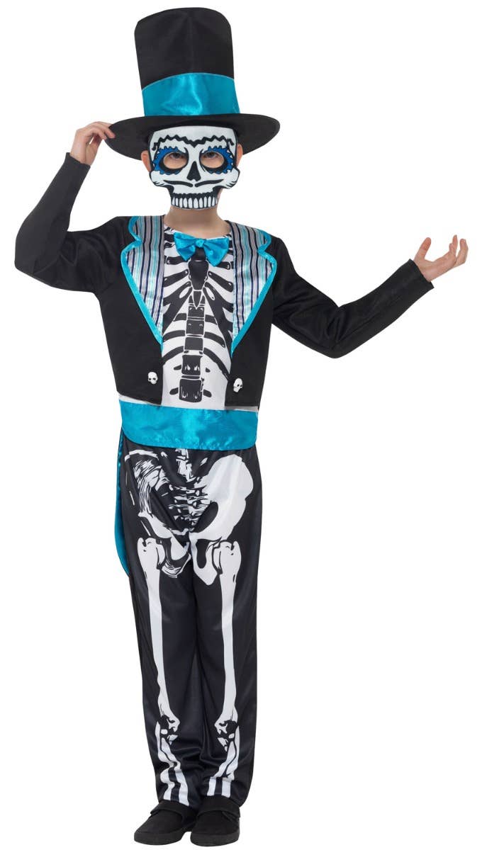 Boy's Black White And Blue Day Of The Dead Groom Halloween Skeleton Printed Fancy Dress Costume Main Image