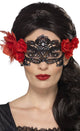 Women's Black Filigree Lace Masquerade Mask with Red Roses