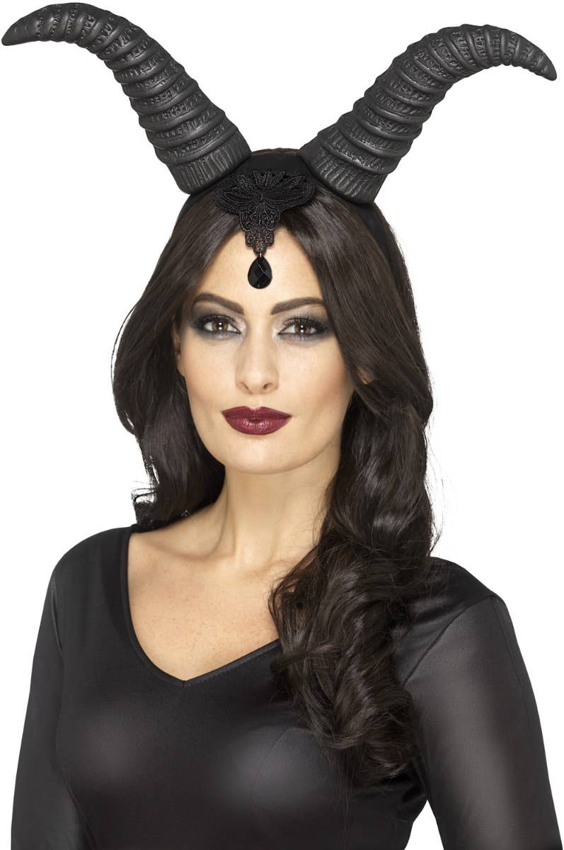 Women's Black Demonic Queen Maleficent Devil Horns On Headband With Lace And Jewel Detail Main Image