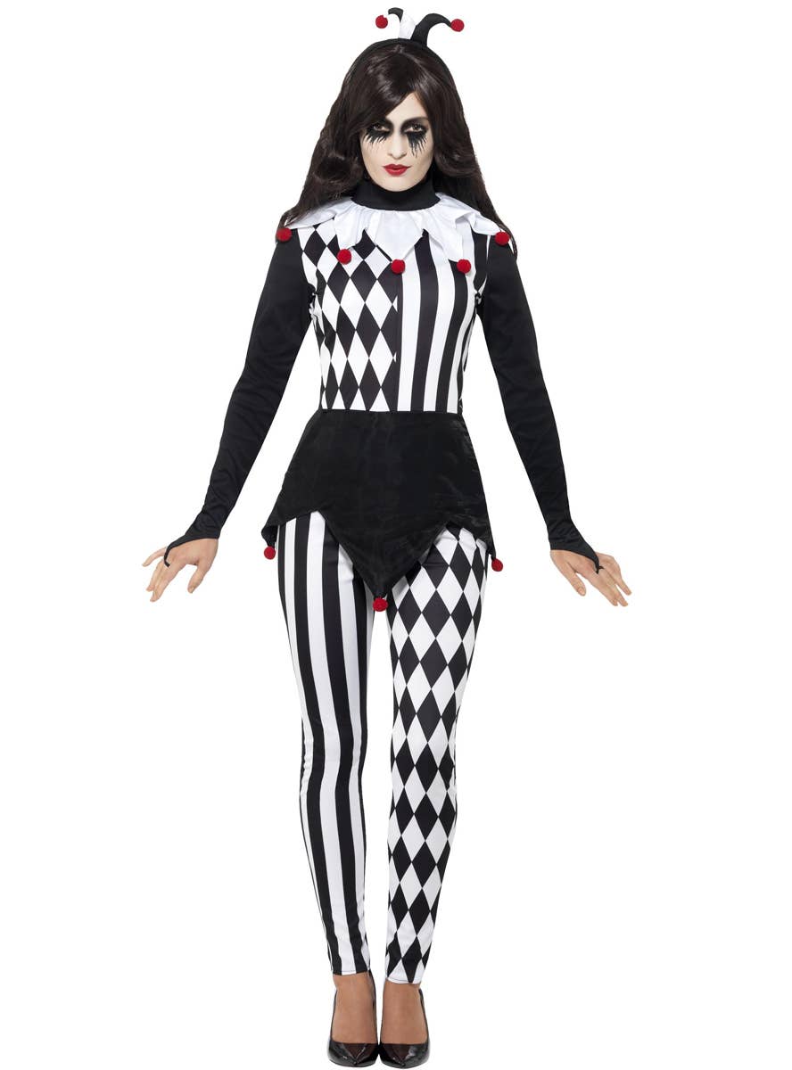 Image of Womens Halloween Costume, Crazed Black and White Jester Women's Halloween Costume