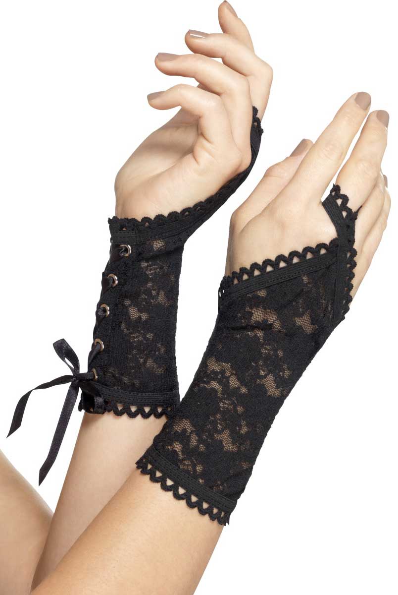 Black Lace Fingerless Gloves with Lace Up Feature