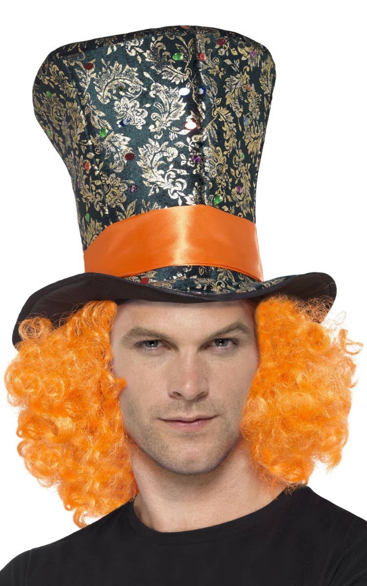 Adult's Mad Hatter Top Hat With Attached Orange Hair Costume Accessory
