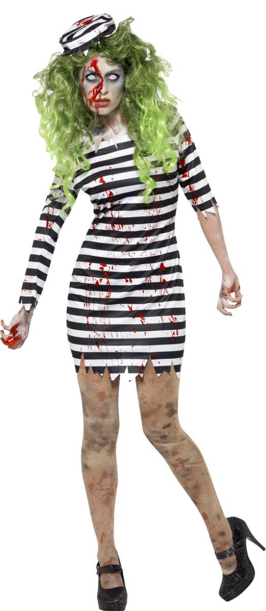 Women's Jail Bird Zombie Convict  Fancy Dress Halloween Costume Main Image