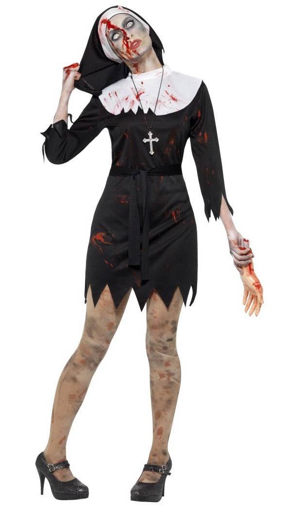 Women's Black And White Halloween Zombie Nun Sister Blood Splattered Fancy Dress Costume Main Image
