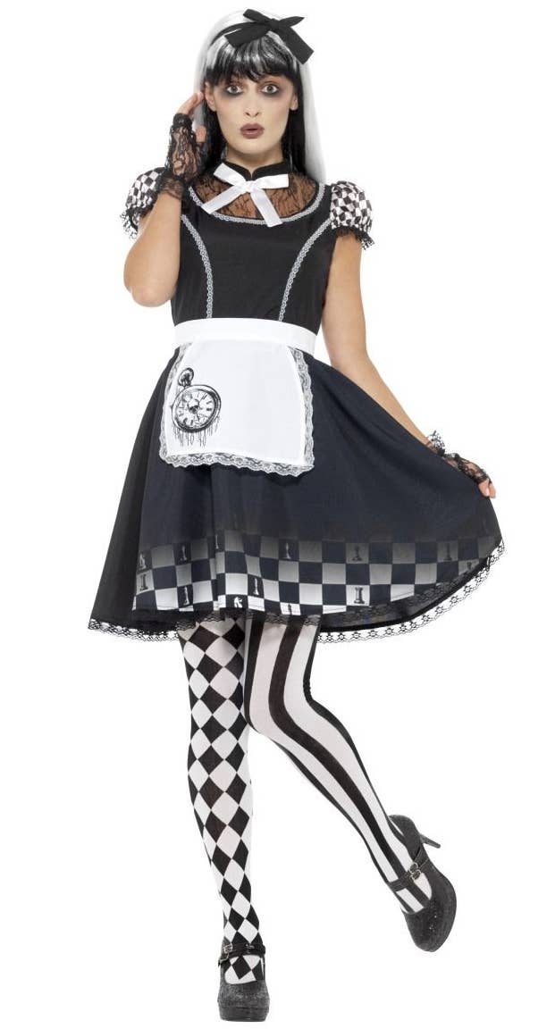 Women's Dark Gothic Alice In Wonderland Halloween Black And White Fancy Dress Costume Main Image