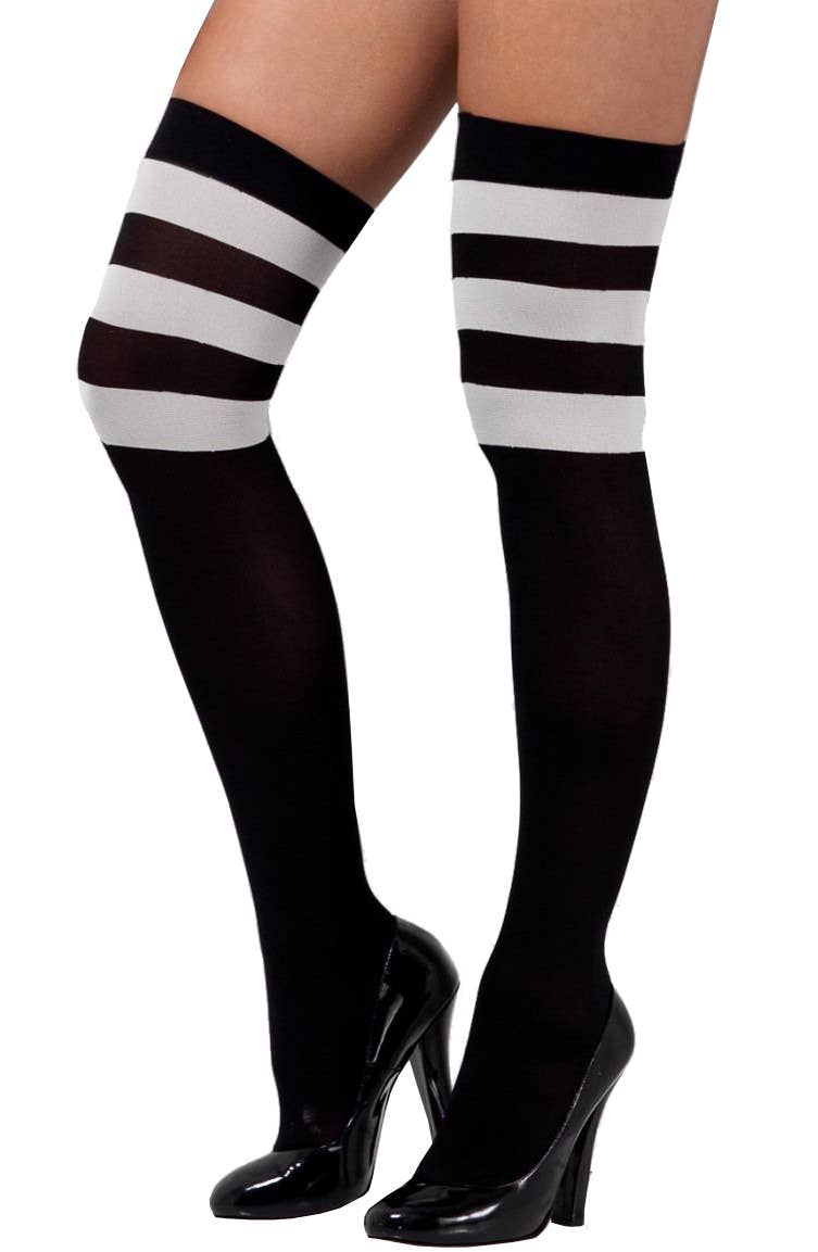 Women's Black Opaque Thigh High Stockings with White Stripes