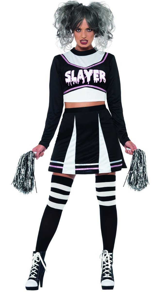 Women's Sexy Gothic Slayer Halloween Cheerleader Costume Front Image