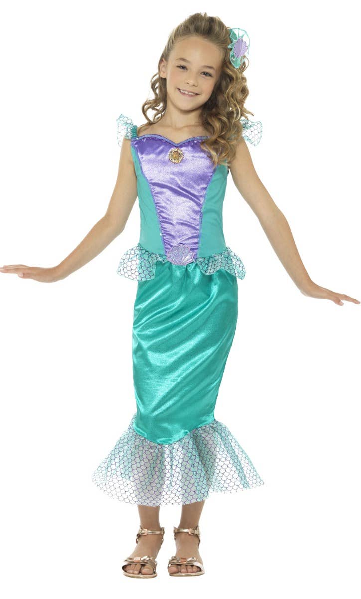 Girls Deluxe Magical Green Mermaid Fancy Dress Costume Front Image