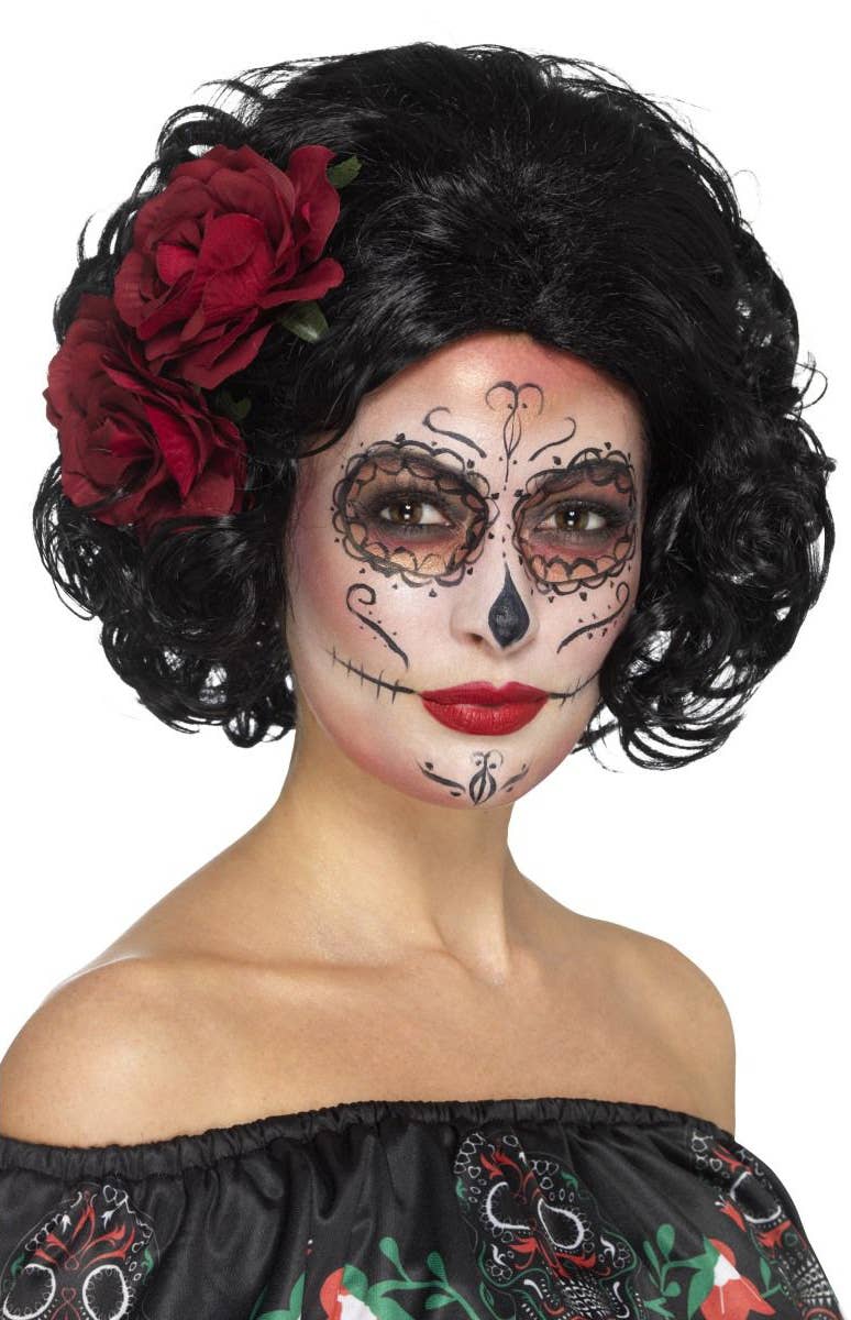 Day of the Dead Spanish Women's Black Short Wig with Flowers Main Image
