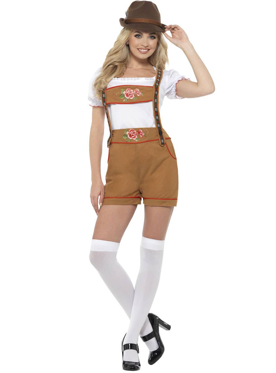 Image of Bavarian Beer Girl Womens Brown Lederhosen Oktoberfest Costume - Front View