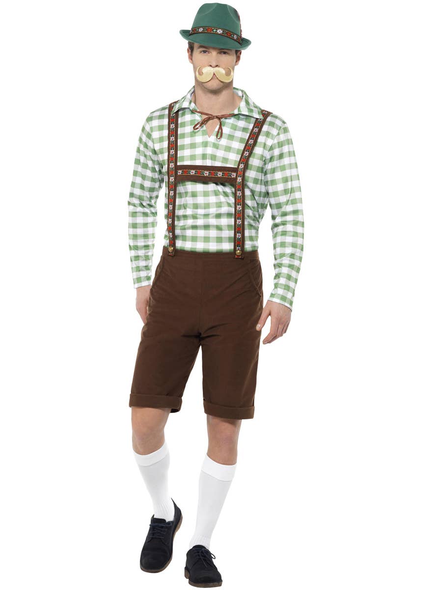 Men's Alpine Bavarian Green and Brown Lederhosen Oktoberfest Fancy Dress German Costume - Front View