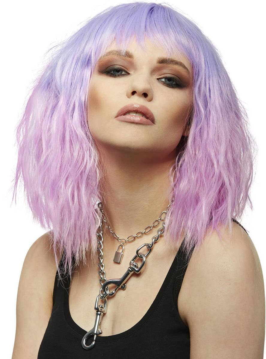 Short Fluffy Waves Womens Manic Panic X Smiffys Pink and Purple Ombre Costume Wig - Main Image