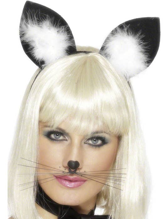 Black Felt Cat Ears Costume Headband with White Feathers