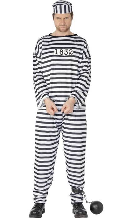 Men's Black and White Striped Convict Prisoner Costume - Main Image