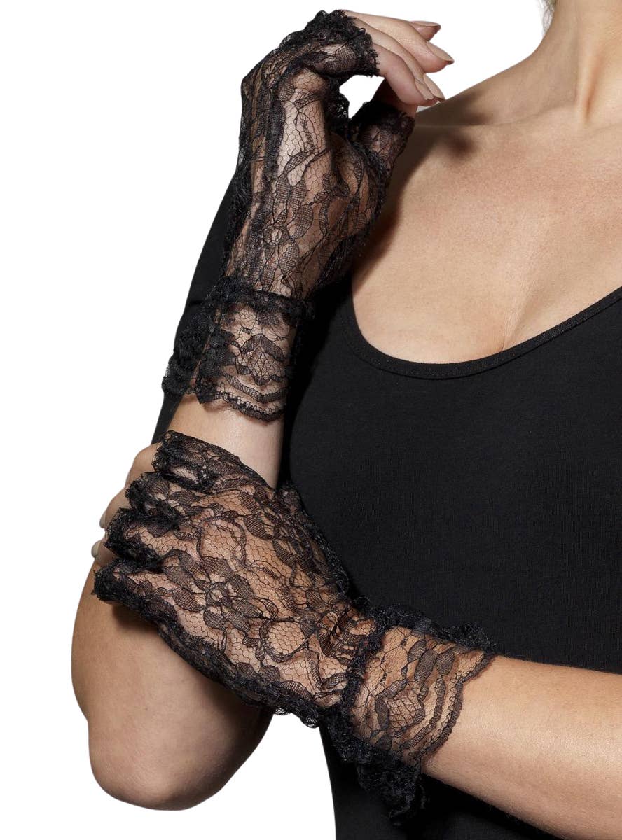 Short Fingerless Black Lace Costume Gloves - Alt Image