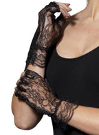 Short Fingerless Black Lace Costume Gloves - Alt Image